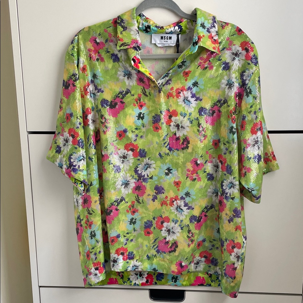 MSGM Lime Green Multicolor Sequined Floral Short Sleeve polo shirt NWT